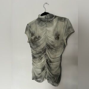 Zara Gray, khaki green Ruched Short Sleeve Top back zipper size L-never worn!!